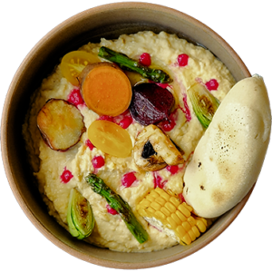 Hummus, cremoso de remolacha y vegetales en tempura