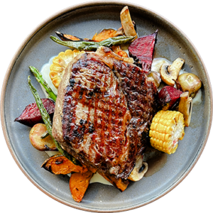 Ojo de Bife con parrillada de vegetales