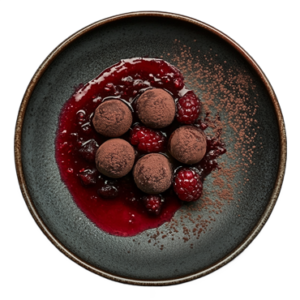 Trufas sobre coulis de frutos rojos